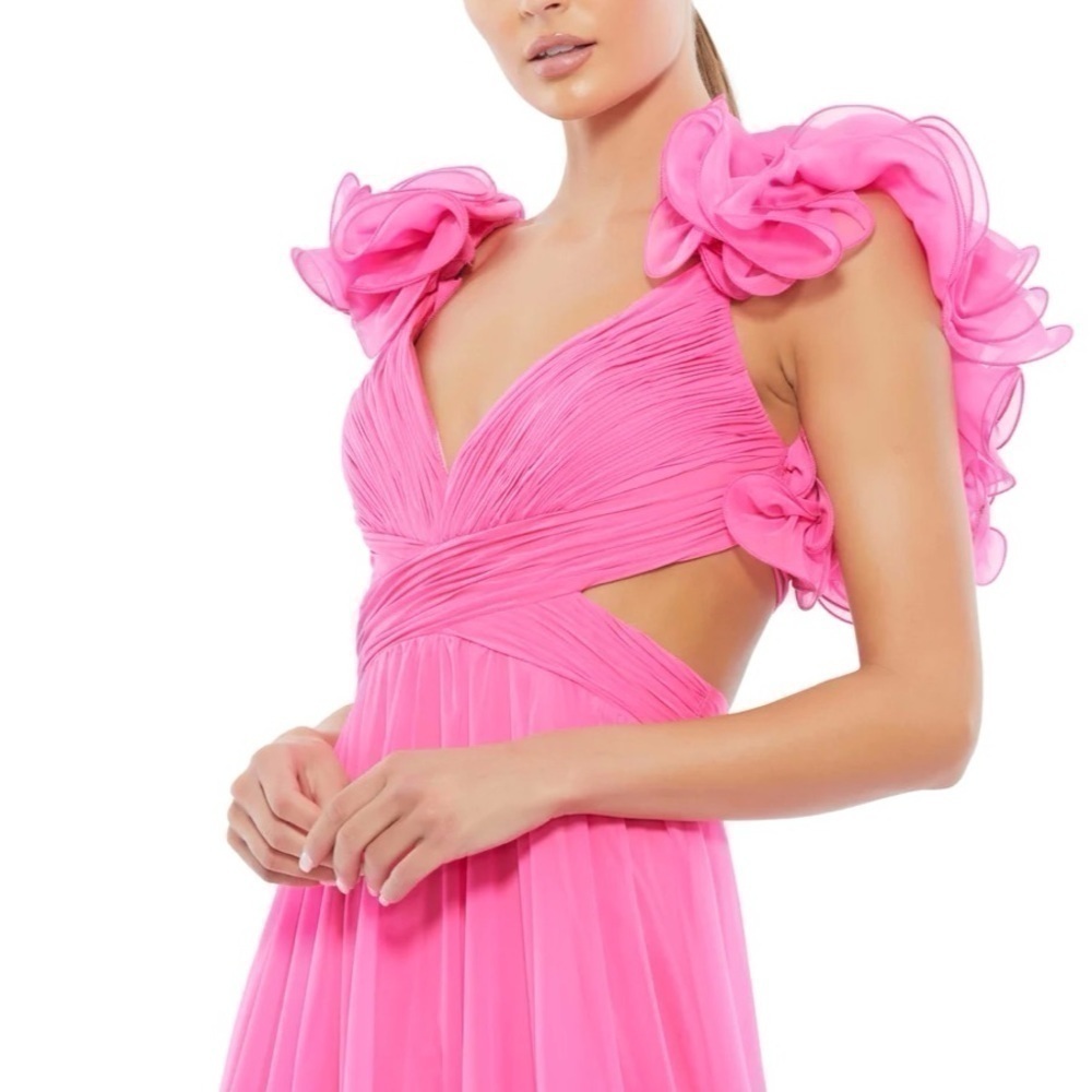 Mac Duggal Indy Chiffon Gown Maxi Backless Ruffles Pink Size 0 . X Small New - Picture 7 of 13